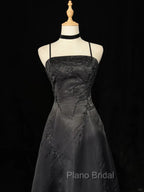Black A-Line Straps Beaded Floor Length Party Dresses, Black Satin Long Formal Prom Dresses