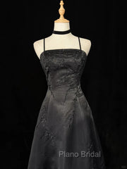 Black A-Line Straps Beaded Floor Length Party Dresses, Black Satin Long Formal Prom Dresses