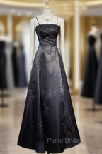 Black A-Line Straps Beaded Floor Length Party Dresses, Black Satin Long Formal Prom Dresses