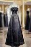 Black A-Line Straps Beaded Floor Length Party Dresses, Black Satin Long Formal Prom Dresses