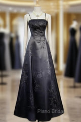 Black A-Line Straps Beaded Floor Length Party Dresses, Black Satin Long Formal Prom Dresses