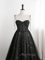 Black A line Sweetheart Neck Tulle Long Formal Prom Dresses, Black Formal Graduation Dresses