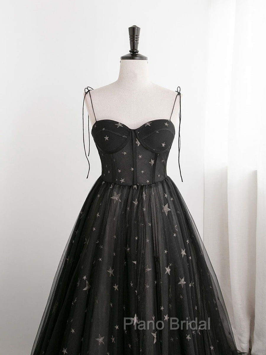 Black A line Sweetheart Neck Tulle Long Formal Prom Dresses, Black Formal Graduation Dresses