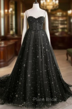 Black A line Sweetheart Neck Tulle Long Formal Prom Dresses, Black Formal Graduation Dresses