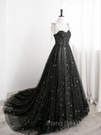 Black A line Sweetheart Neck Tulle Long Formal Prom Dresses, Black Formal Graduation Dresses