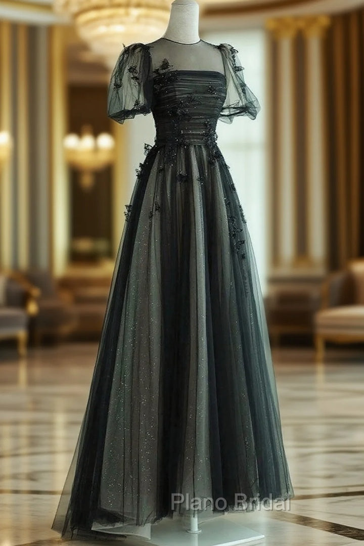 Black A-Line Tulle Butterfly Long Formal Prom Dresses, Black Long Evening Dresses Main image