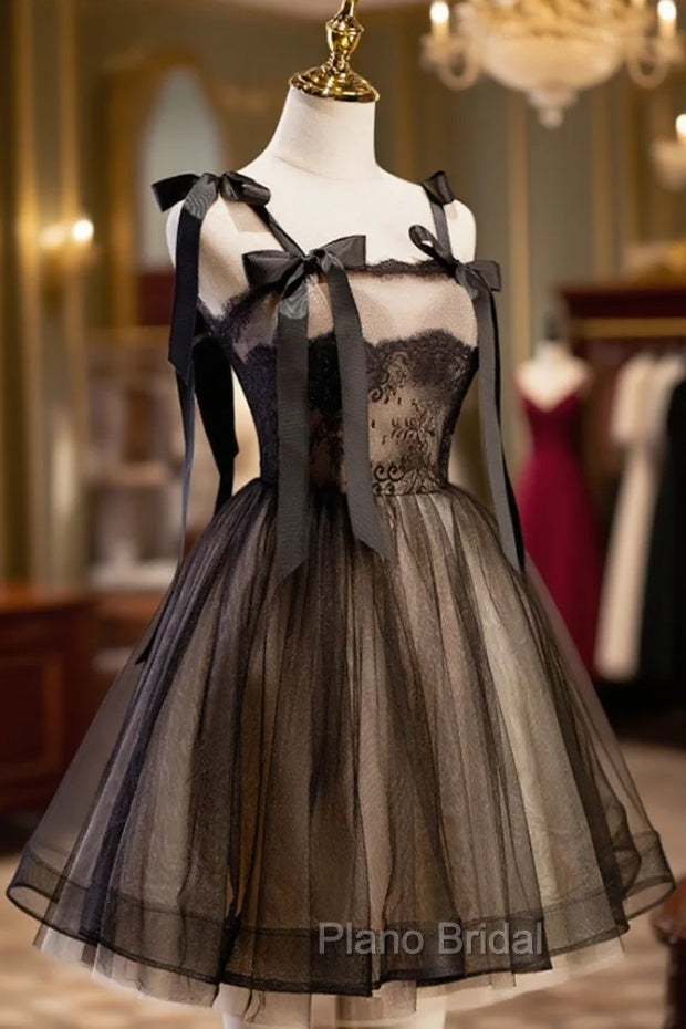 Black A-Line Tulle Lace Short Formal Prom Dresses, Black Lace Homecoming Dresses Secondary image