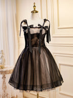 Black A-Line Tulle Lace Short Formal Prom Dresses, Black Lace Homecoming Dresses