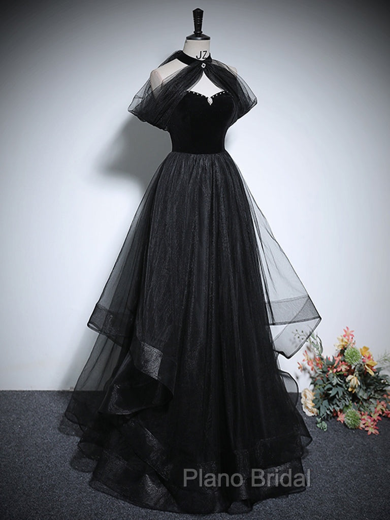 Black A-Line Tulle Long Formal Prom Dresses, Black Long Evening Dresses