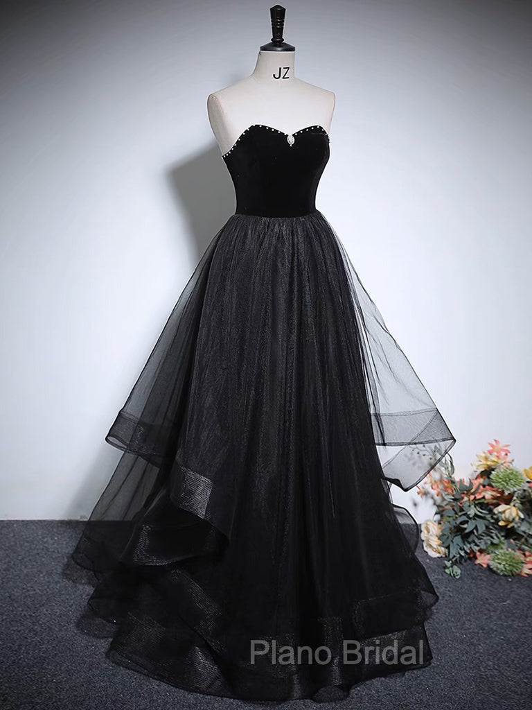Black A-Line Tulle Long Formal Prom Dresses, Black Long Evening Dresses