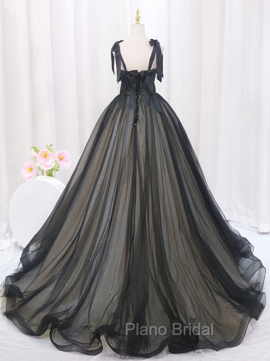 Black A-Line Tulle Long Formal Prom Dresses, Black Tulle Formal Evening Dresses