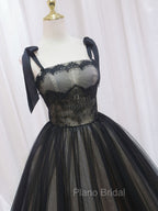 Black A-Line Tulle Long Formal Prom Dresses, Black Tulle Formal Evening Dresses