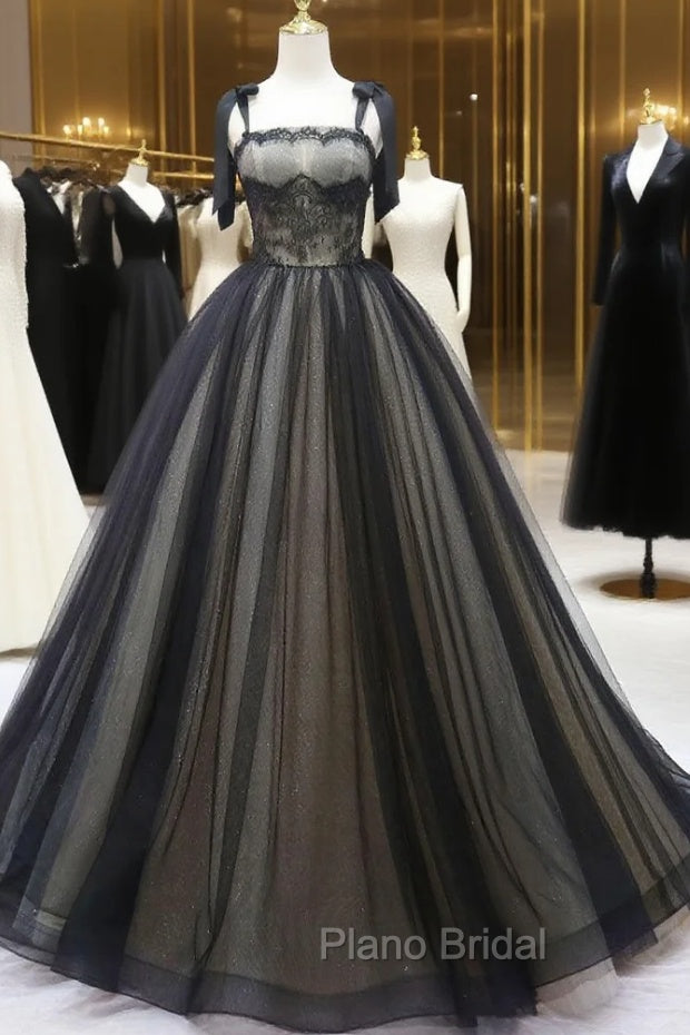 Black A-Line Tulle Long Formal Prom Dresses, Black Tulle Formal Evening Dresses