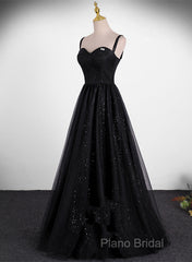 Black A-Line Tulle Straps Simple Long Formal Prom Dresses, Black Formal Dresses Party Dresses