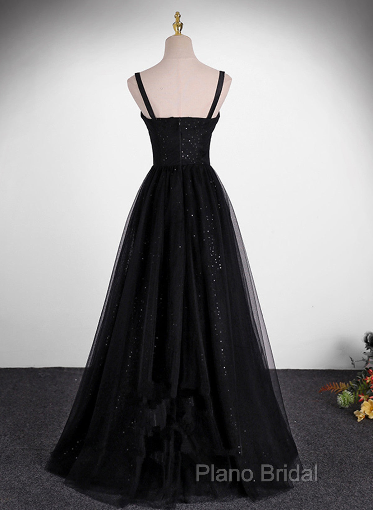 Black A-Line Tulle Straps Simple Long Formal Prom Dresses, Black Formal Dresses Party Dresses