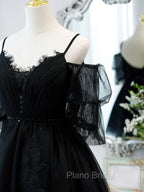 Black A line V Neck Lace Short/Mini Formal Prom Dresses, Black Puffy Homecoming Dresses