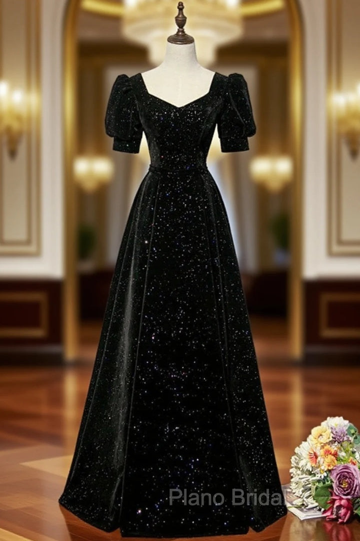Black A-line Velvet Long Formal Prom Dresses Party Dresses, Black Short Sleeves Formal Prom Dresses Main image