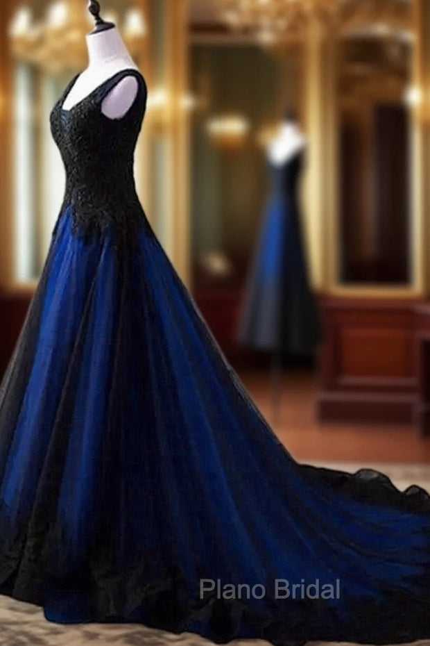 Black and Blue V-neckline Lace Applique Long Formal Dresses, Black and Blue Formal Prom Dresses Secondary image