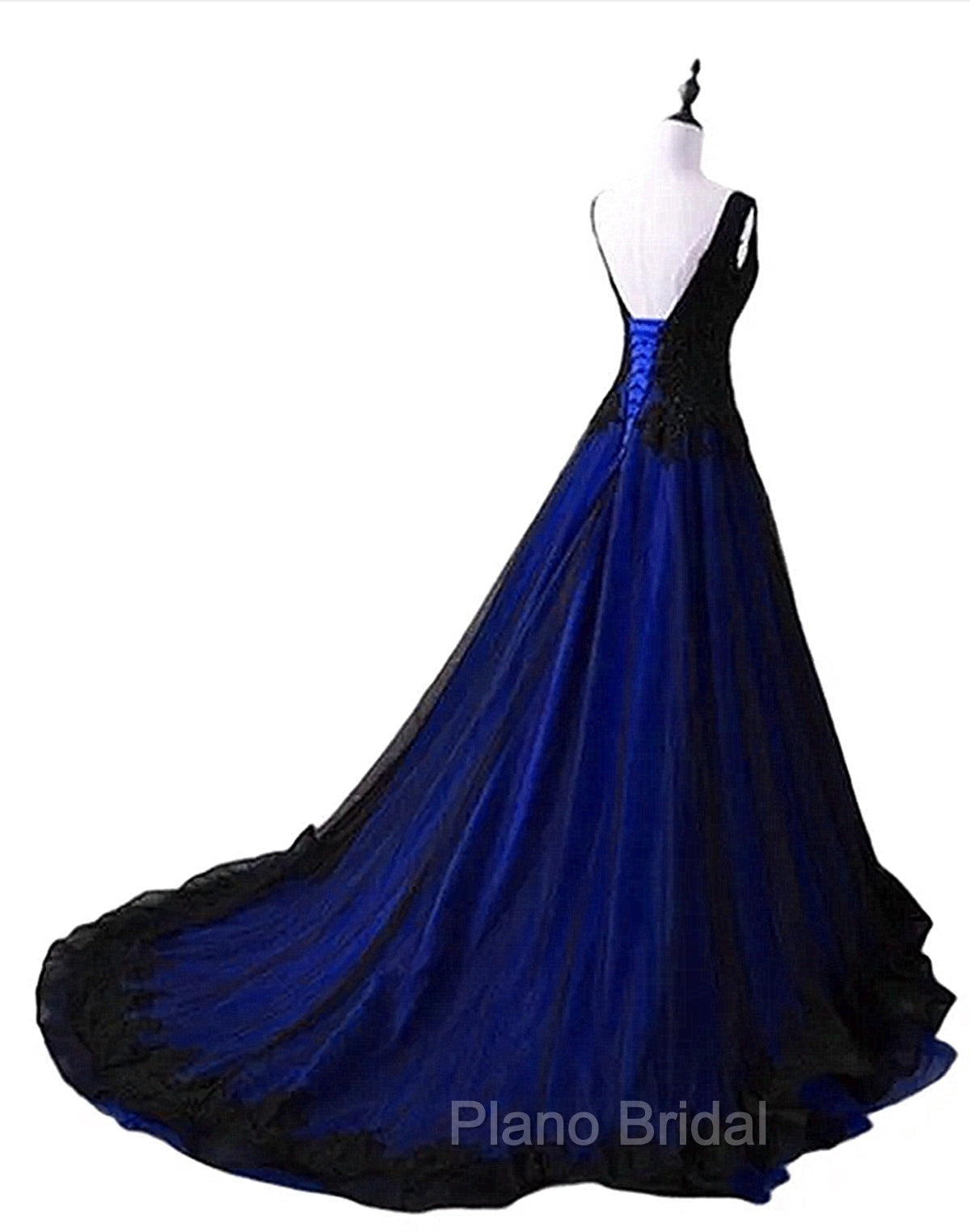 Black and Blue V-neckline Lace Applique Long Formal Dresses, Black and Blue Formal Prom Dresses