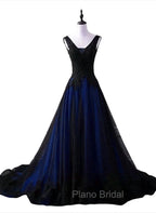 Black and Blue V-neckline Lace Applique Long Formal Dresses, Black and Blue Formal Prom Dresses