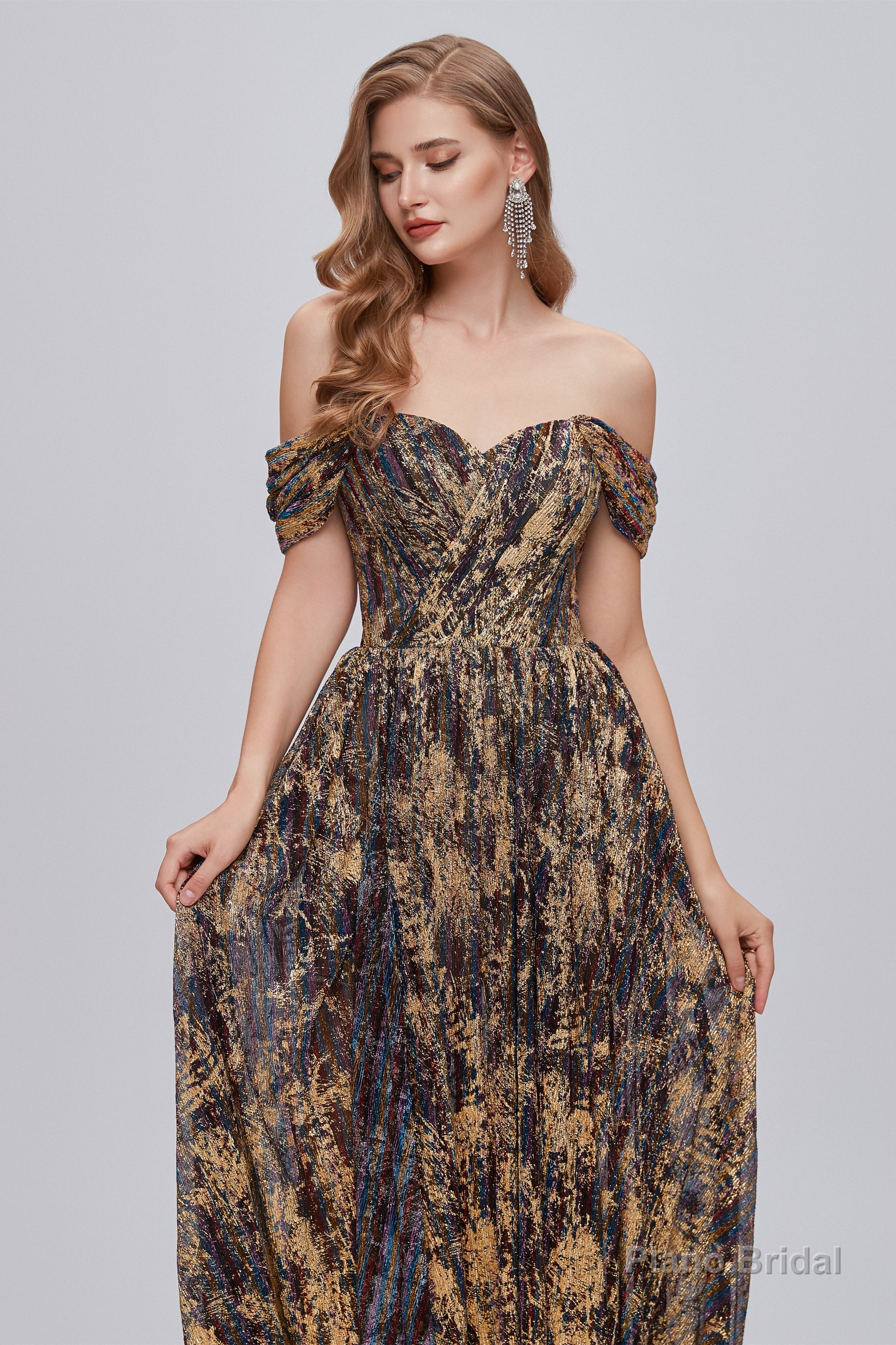 Black and Brown Floral Print Off-the-Shoulder A-Line Long Prom Dress Main image