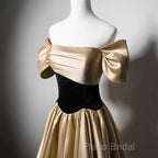 Black And Champagne Satin Long Party Dresses, Off Shoulder Satin Formal Prom Dresses
