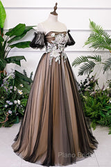 Black And Champagne Short Sleeves Tulle With Lace Party Dresses, A-Line Floor Length Formal Prom Dresses