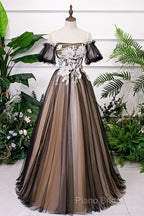 Black And Champagne Short Sleeves Tulle With Lace Party Dresses, A-Line Floor Length Formal Prom Dresses