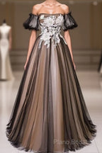 Black And Champagne Short Sleeves Tulle With Lace Party Dresses, A-Line Floor Length Formal Prom Dresses