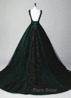 Black and Green Tulle with Lace Long Party Dresses, A-line Low Back Evening Dresses
