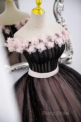 Black And Pink Tulle With Flowers Off Shoulder Party Dresses, Tulle Sweet 16 Dresses