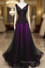 Black and Purple V-neckline A-line Formal Prom Dresses, Tulle with Lace Party Dresses