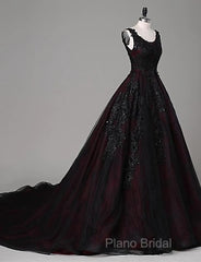 Black And Red Backless Tulle Long Formal Gown, Black And Red Long Formal Prom Dresses