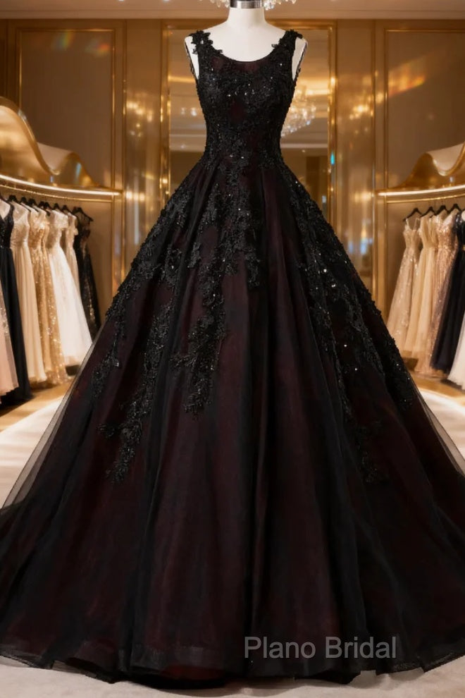 Black And Red Backless Tulle Long Formal Gown, Black And Red Long Formal Prom Dresses Main image