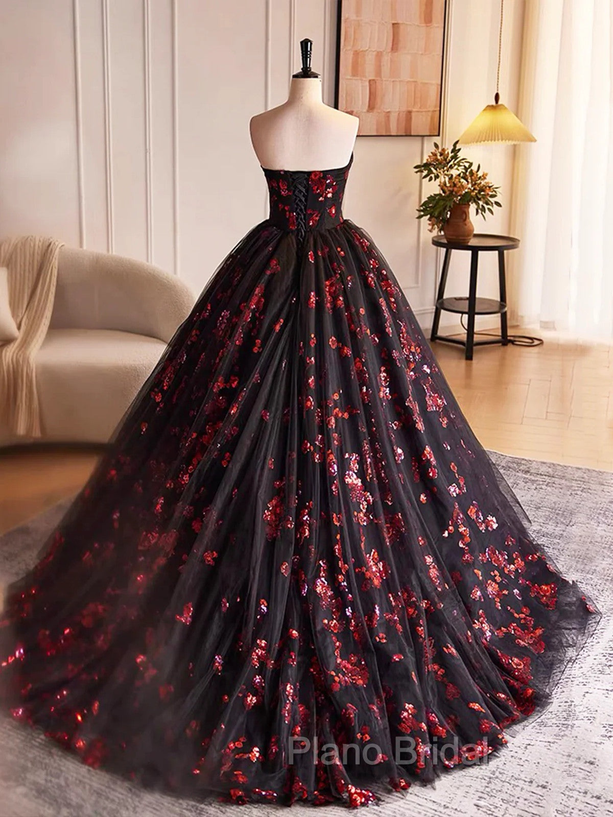 Black and Red Floral Tulle Long Party Dresses, Strapless Formal Sweet 16 Dresses