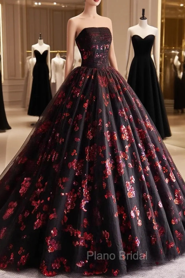 Black and Red Floral Tulle Long Party Dresses, Strapless Formal Sweet 16 Dresses
