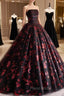 Black and Red Floral Tulle Long Party Dresses, Strapless Formal Sweet 16 Dresses