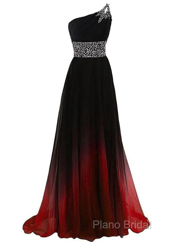 Black And Red Gradient Chiffon One Shoulder Beaded Party Dresses, Cute Junior Formal Prom Dresses Secondary image