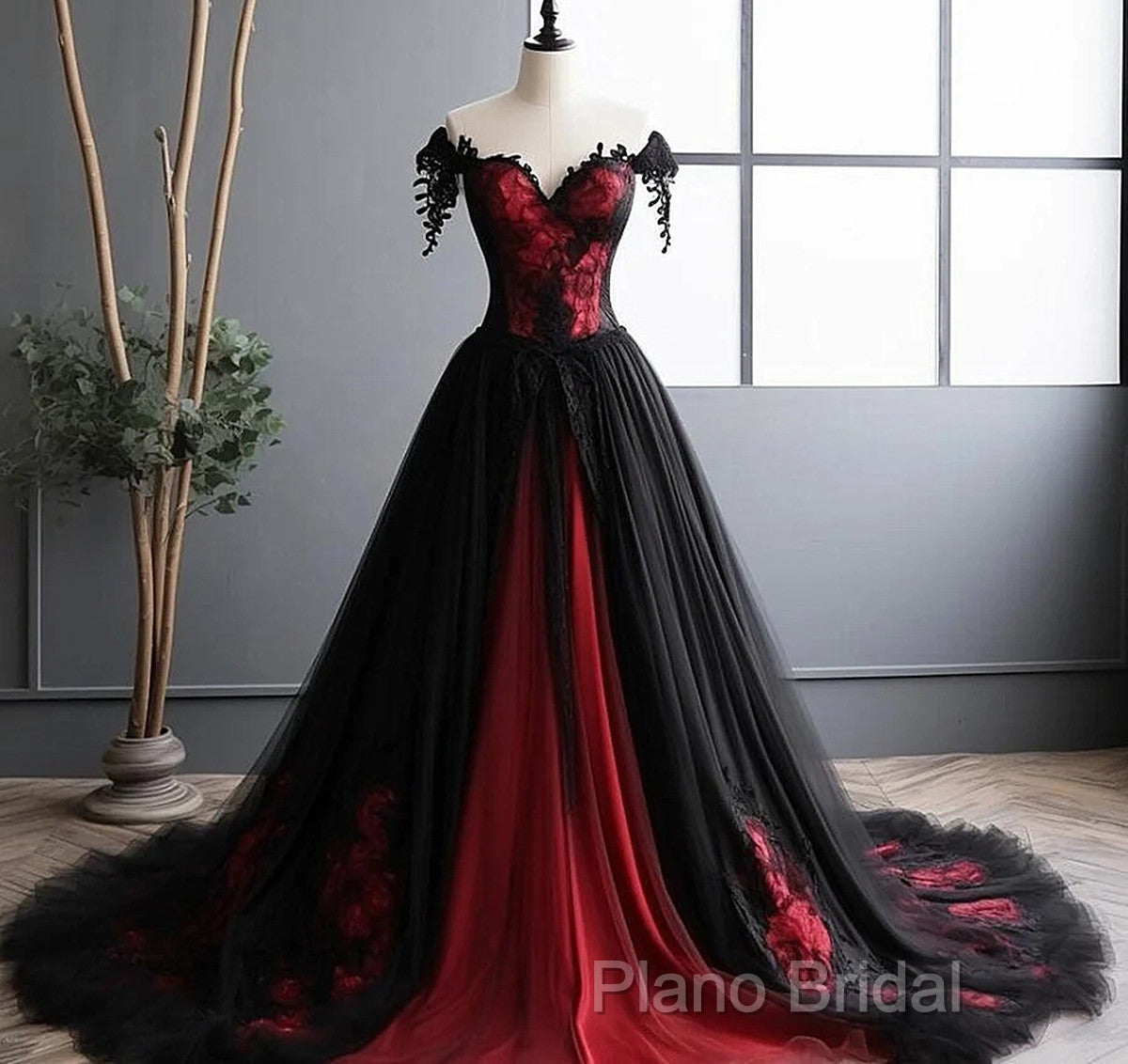 Black And Red Lace Tulle Off Shoulder Formal Prom Dresses, Black And Red Formal Dresses