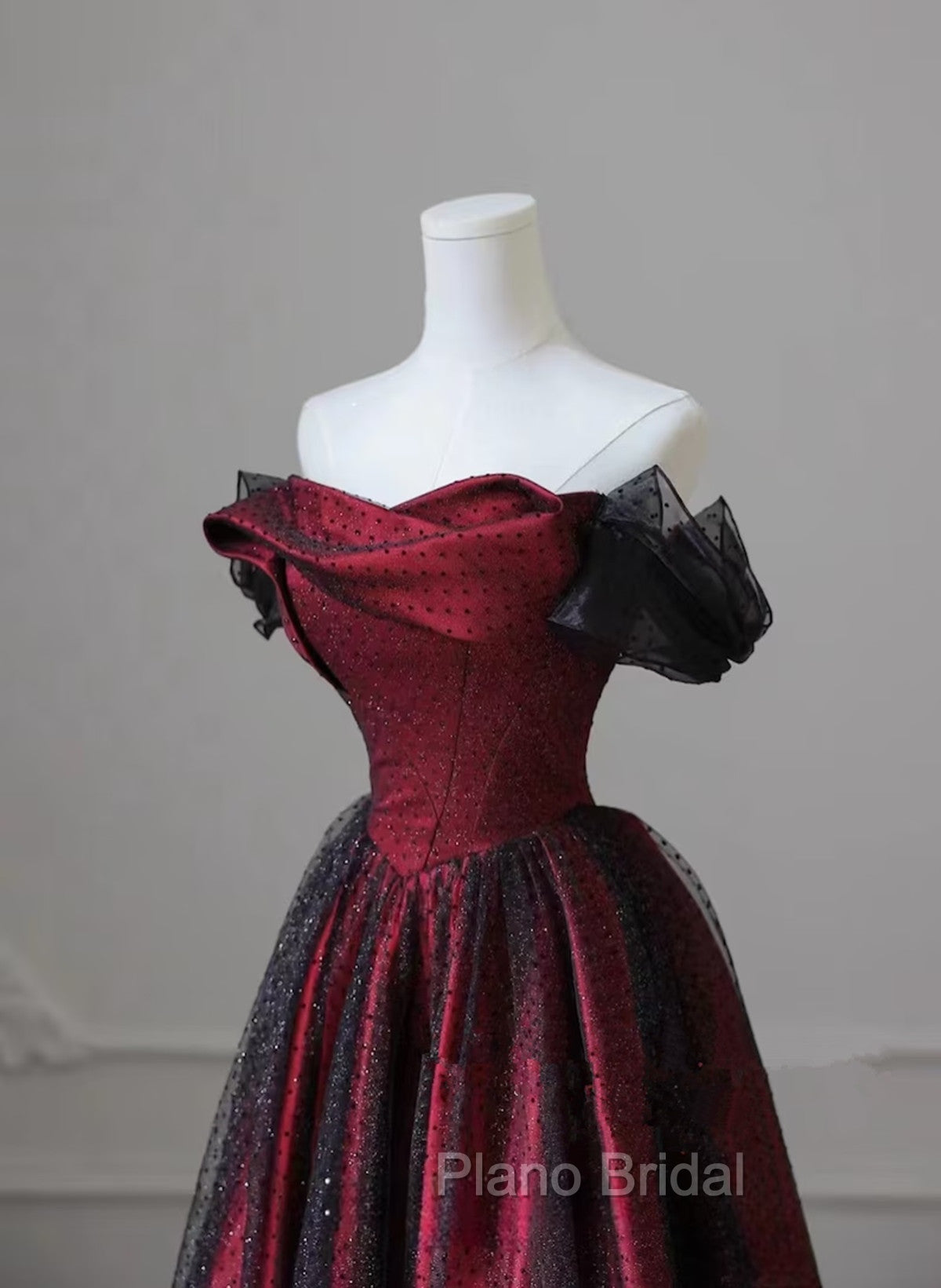 Black and Red Long Party Dresses, Off Shoulder Tulle A-line Formal Prom Dresses