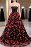 Black and Red Off Shoulder Floral Tulle Formal Dresses, Floor Length Party Dresses