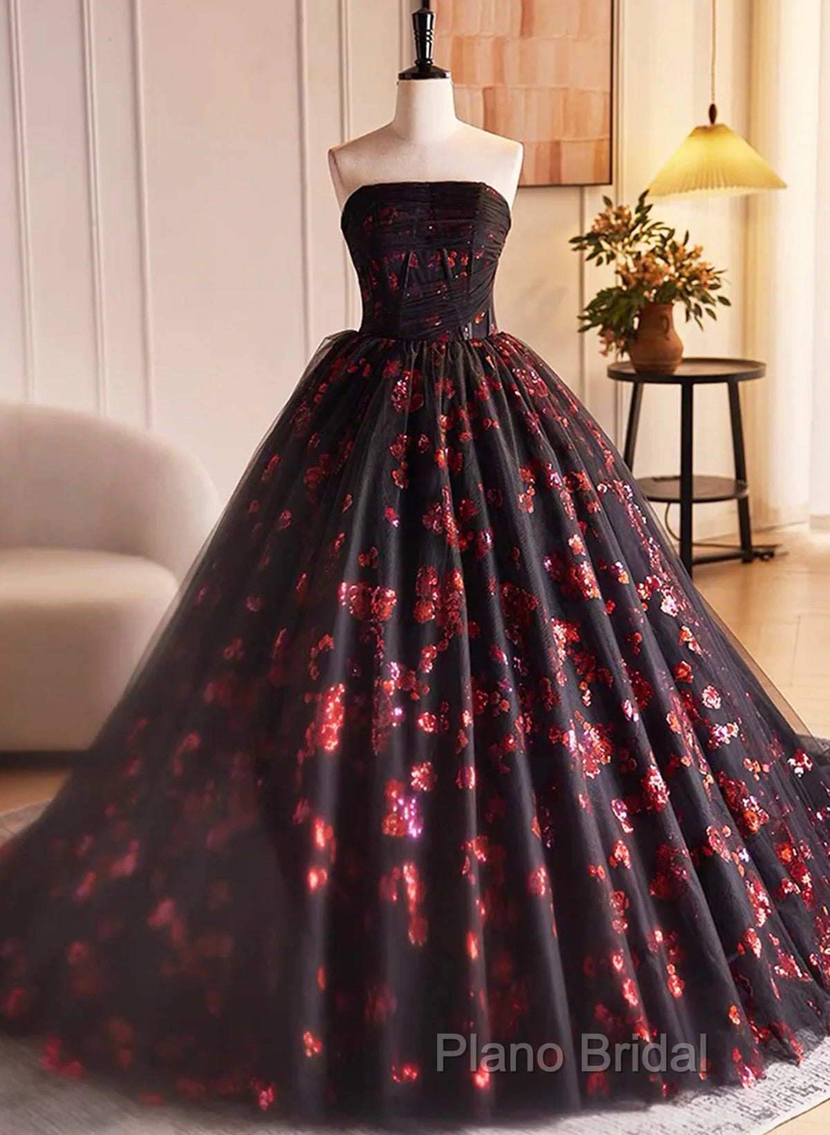 Black And Red Tulle Floral Sweet 16 Dresses, Black And Red Party Dresses Formal Prom Dresses