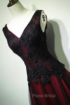 Black and Red V-Neck Tulle Long Formal Prom Dresses, Lace Evening Dresses