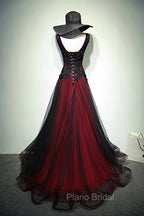 Black and Red V-Neck Tulle Long Formal Prom Dresses, Lace Evening Dresses