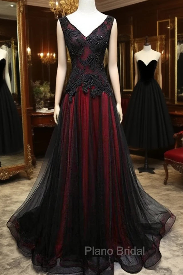 Black and Red V-Neck Tulle Long Formal Prom Dresses, Lace Evening Dresses Main image