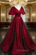 Black and Red V-neckline Long Satin Formal Prom Dresses,Chic Long A-line Party Dresses
