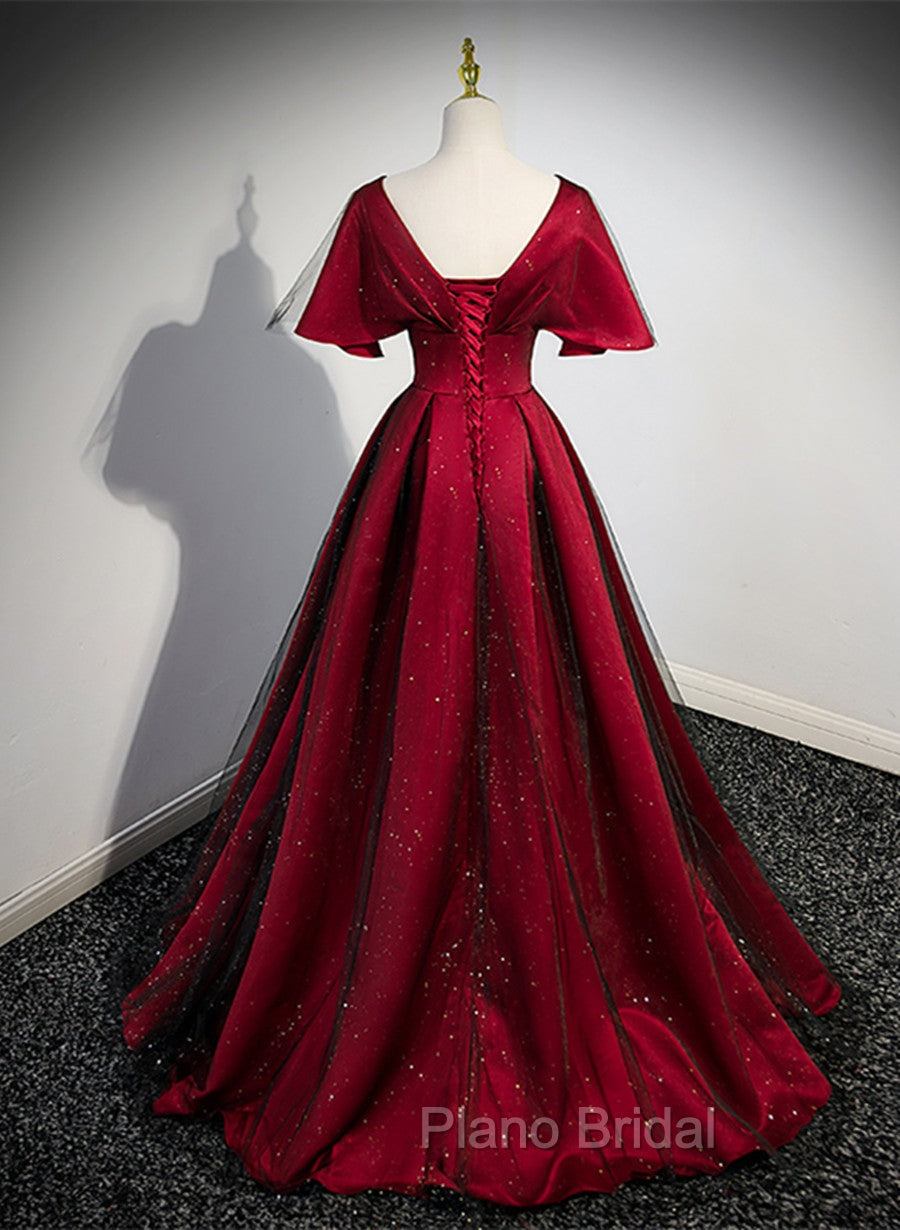 Black and Red V-neckline Long Satin Formal Prom Dresses,Chic Long A-line Party Dresses