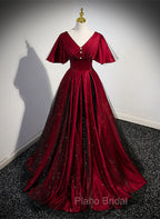 Black and Red V-neckline Long Satin Formal Prom Dresses,Chic Long A-line Party Dresses