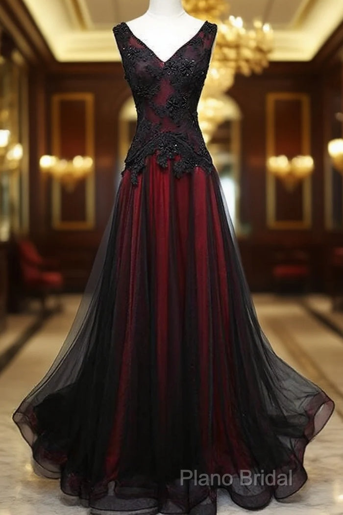 Black And Tulle V-Neckline Beaded Lace Long Party Dresses, A-Line Formal Prom Dresses Formal Dressess Main image