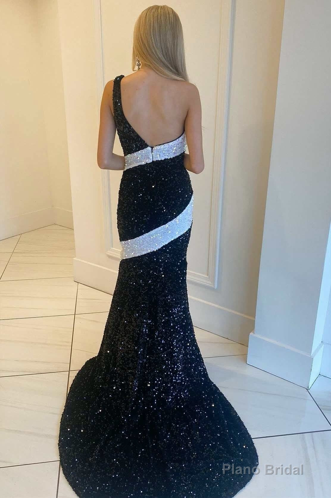 Black and White Sequin One-Shoulder Mermaid Long Prom Gowm Secondary image